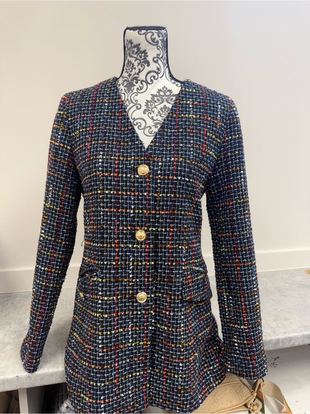 Truth by Republic Tweed Jacket Gold Buttons Multicolor Plaid Size Small